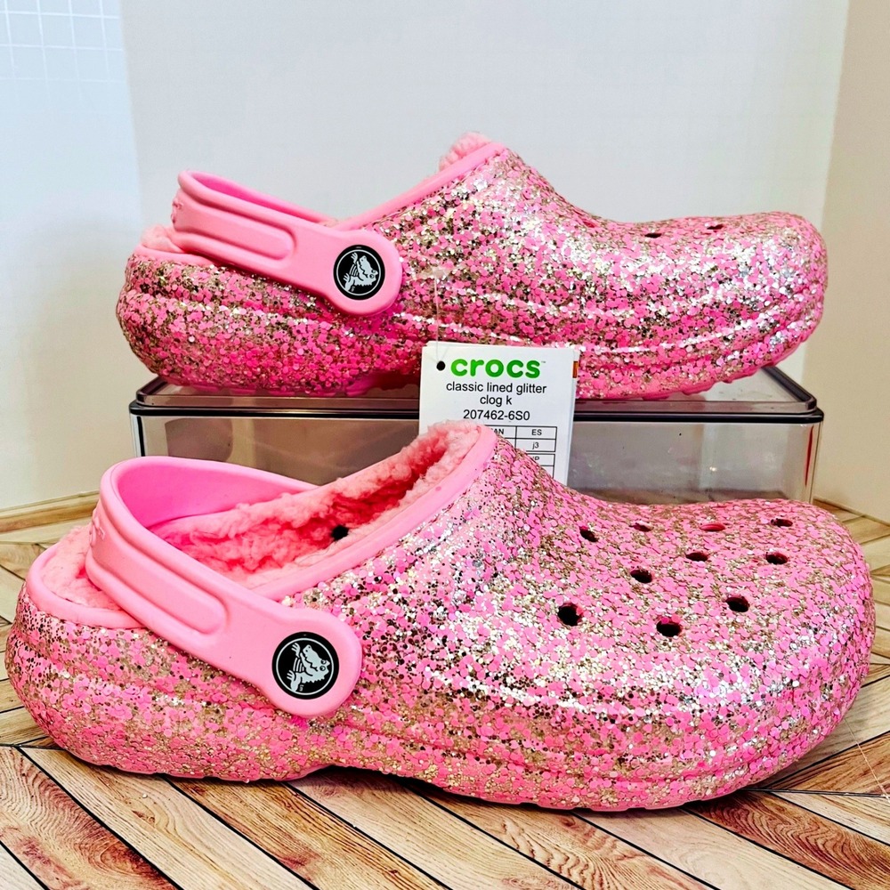Crocs Classic Lined Glitter Clog Kids J3 Women 5 Pink Gold Sparkle 207462-6S0